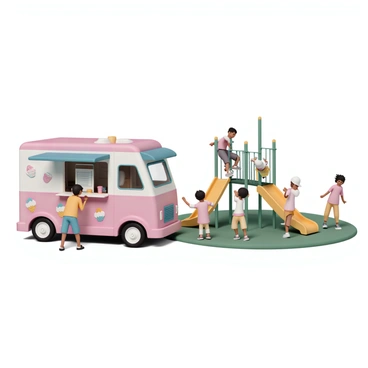 An ice cream truck, brightly colored with various images of ice cream cones and popsicles on its side, is parked next to a playground. The truck has a serving window open, and a few kids are gathered nearby, eagerly pointing and looking at the menu displayed. In the playground, several children are playing on the swings and climbing on the jungle gym. One child is sliding down a bright yellow slide, while another is pushing a friend on the swing. The scene is lively, filled with the sounds of laughter and playful shouts.
