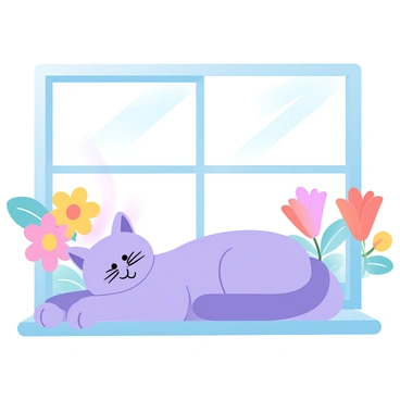 A purple cat is lounging comfortably on a windowsill, surrounded by vibrant flowers in bloom outside. The cat has soft fur and is stretched out lazily, with its body lying flat against the sill. Sunlight is streaming through the window, illuminating the colorful petals of the flowers, which are in various shades of pink, yellow, and orange. The scene conveys a sense of tranquility and warmth, with a gentle breeze causing the flowers to sway slightly.