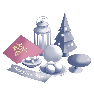 A display of diverse cultural symbols representing New Year's traditions