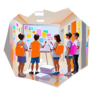 A group of five students working together to put up colorful posters for a school election campaign. Two students, one with short brown hair and the other with long black hair, are carefully placing a poster on a bulletin board, while a third student, wearing glasses, is holding a roll of tape. The fourth student is standing nearby, enthusiastically pointing to a poster design, and the fifth student is looking through a stack of additional posters. The scene captures their camaraderie and teamwork in a school hallway adorned with other student-created artwork.