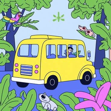 A bright yellow school bus with colorful details is making its way through a dense jungle. The bus is surrounded by tall, lush green trees and thick vines. Various wildlife is visible, including a colorful parrot perched on a branch, a small monkey hanging from a tree limb, and a pair of curious red-eyed tree frogs on a leaf. The foliage is rich and varied, with large leaves and flowering plants adding vibrant colors. Sunlight filters through the trees, creating dappled patterns on the ground.