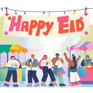 A large, vibrant banner reading "Happy Eid" is hanging across a bustling street filled with diverse people celebrating the occasion. The banner features bold lettering in bright colors, adorned with decorative patterns. Below the banner, various stalls are set up, selling traditional foods and sweets, with colorful awnings providing shade. People of different ages and ethnicities are interacting, smiling, and taking photos. In the background, there are festive lights strung along the street, adding to the celebratory atmosphere. The scene is lively, filled with laughter and the aroma of delicious food.