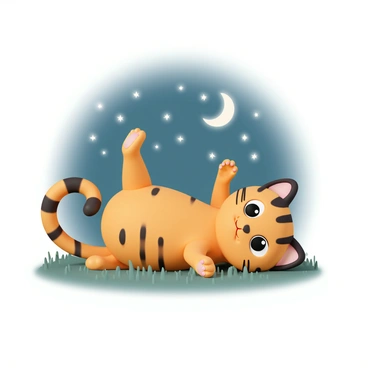 A cartoon cat with a round face and oversized ears, lying on its back, with its paws playfully in the air. The cat has a fluffy tail curled around its body and bright, wide eyes filled with wonder. It is lying on a soft patch of grass. Above the cat, a starry night sky is visible, filled with twinkling stars and a crescent moon, casting a gentle glow over the scene. The cat's fur is a vibrant orange with black stripes, contrasting against the deep blue of the night sky.