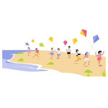 A sandy shoreline with gentle waves lapping at the beach. Several children are flying colorful kites of various shapes and sizes, including a bright red diamond kite and a blue dragon-shaped kite. The children, wearing summer clothing, are joyfully running and laughing as the kites flutter in the breeze. Patches of green grass are visible near the dunes, and a clear blue sky provides a perfect backdrop for this lively scene.