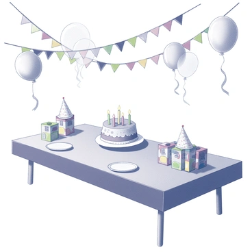 A festive birthday party scene with a table filled with colorful juice boxes and decorations.