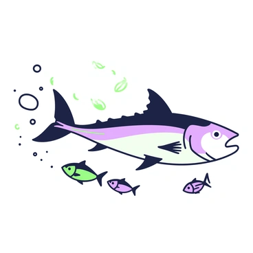 A mighty tuna fish is swimming swiftly through the open ocean. The fish has a streamlined body and prominent fins as it glides effortlessly through the water. Light reflects off its scales, creating an impression of sleek movement. Surrounding the tuna, the ocean is vast and includes small bubbles trailing behind. Below, a school of smaller fish is visible, darting away from the tuna's path. The scene captures the dynamic nature of marine life in the underwater environment.