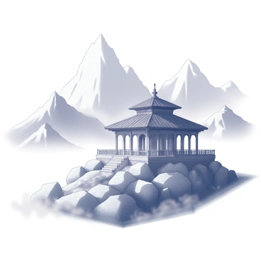A temple situated on a rocky mountain slope. The structure is characterized by traditional architecture, with tiered roofs and ornate details along the eaves. Mist swirls around the base of the temple, partially obscuring the surrounding rocky terrain. Towering mountains rise in the background, their peaks partially shrouded in clouds. The scene conveys a sense of seclusion and tranquility, with the temple as the focal point amidst the natural landscape.