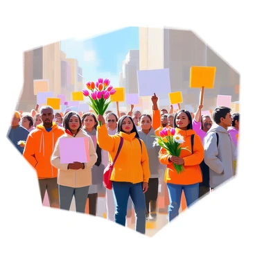 A protest scene depicting a diverse group of demonstrators standing together in an urban setting. The crowd members of various ethnicities are holding colorful flowers instead of traditional protest signs. Brightly colored tulips, daisies, and sunflowers are prominently displayed as they raise their bouquets in solidarity. The expressions on their faces range from determination to hope as they come together for their cause. Buildings are visible in the background, adding context to the urban atmosphere of the demonstration.