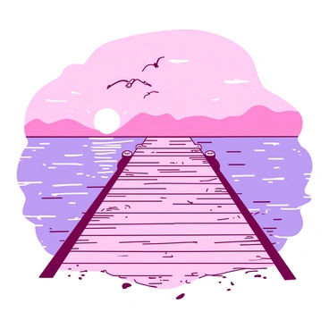 A wooden pier extends straight into the calm sea, its planks weathered and textured. The pier's edges are adorned with small, gentle waves lapping against the wood. The sky is filled with soft pink hues blending into light orange tones as the sun sets on the horizon. Silhouetted against the vibrant sky, a few seagulls are gliding peacefully above the water. In the distance, the sun's reflection creates ripples on the surface of the sea, enhancing the tranquil atmosphere.