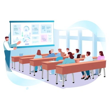 A classroom filled with wooden desks and chairs arranged in rows. A teacher stands next to a large chalkboard, which has various illustrations and diagrams related to insurance policies. The teacher is gesturing towards the chalkboard while holding a piece of chalk. In the background, several adults are seated and appear to be taking notes, some with laptops open in front of them. The classroom has large windows that let in natural light, illuminating the space.
