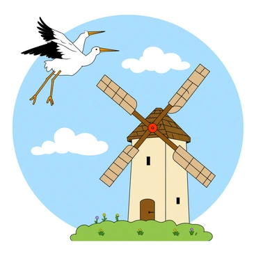 A white stork with long legs and a black-tipped wingspan is soaring gracefully overhead. Below, a traditional windmill with a tall, wooden body and four wide, fan-like blades stands proudly against the blue sky. The windmill is painted a soft shade of cream with a thatched roof, and the blades are turning slowly in the gentle breeze. Fluffy white clouds drift lazily in the background, adding to the lively atmosphere of the scene. Green grass and a few wildflowers dot the foreground, suggesting a peaceful countryside setting.