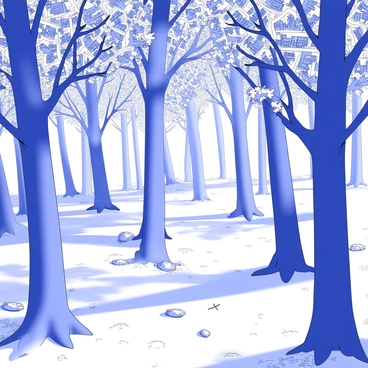 A dense forest where leaves are made of illustrated cityscapes and patterns