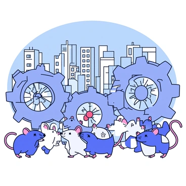 A cityscape with tall buildings in the background, showcasing a variety of architectural styles. In the foreground, several cartoon rats are working together to operate giant clock gears. The gears are made of shiny metal and are intricately designed, turning slowly to represent the passage of time. The rats are animated, with expressions of determination and teamwork on their faces. The sky above is a clear blue, adding contrast to the detailed city below.