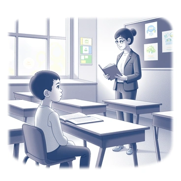 A young child sitting at a desk in a classroom. The child has wide eyes and an attentive expression, focused on the teacher. The teacher stands at the front of the room, holding an open book and reading aloud. The classroom has wooden desks arranged in rows and a chalkboard behind the teacher. Various colorful educational posters are on the walls, and sunlight streams through the windows, illuminating the scene.