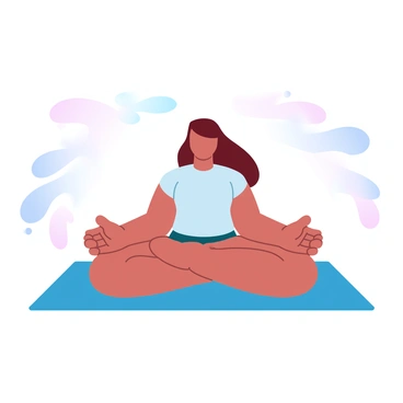 A person is seated on a yoga mat in a serene environment. The individual is in a cross-legged position, with hands resting gently on their knees. Surrounding the person are swirling patterns of soft, pastel colors representing breathing patterns. These patterns rise and fall, mimicking the rhythm of inhalation and exhalation. The person's body is relaxed, and a sense of tranquility is conveyed through the flowing colors. The background features a subtle gradient that complements the overall calming atmosphere.