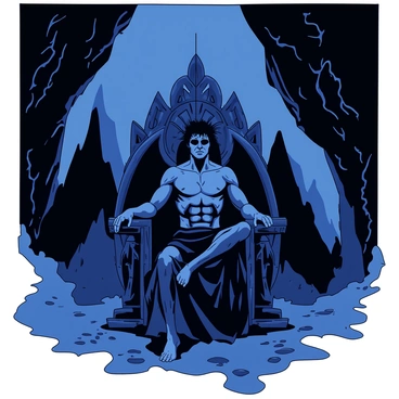A figure resembling "Lucifer" is seated on an imposing throne made of "obsidian" in a dark, cavernous underworld. The throne is intricately carved with sharp, angular designs that reflect the dim light, creating a stark contrast with the surrounding shadows. "Lucifer" has majestic wings folded behind him, and his expression is one of authority and intrigue. The atmosphere is filled with swirling mist, enhancing the mysterious environment. In the background, faint silhouettes of jagged rock formations rise, completing the sense of an ancient, foreboding realm.