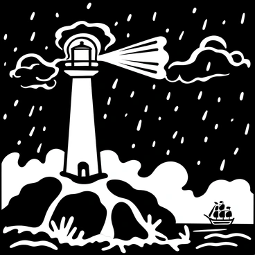 A tall lighthouse stands firmly on a rocky cliff, surrounded by crashing waves and turbulent water. The light from the top of the lighthouse beams outwards, illuminating the dark sky filled with swirling clouds. Raindrops fall heavily, creating splashes around the base of the lighthouse. In the distance, several ships can be seen navigating the stormy sea, their sails billowing as they follow the guiding light. The scene captures the intensity of the storm contrasted with the steadfastness of the lighthouse.