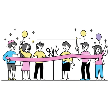 A ribbon-cutting ceremony taking place outdoors, with a large red ribbon stretched across a small entrance. A group of attendees is gathered around, all smiling and excited. Some attendees are wearing colorful hats and shirts, while others carry signs. Each person is holding a foam finger, with various colors and styles, raised in celebration. A pair of scissors, large and shiny, is positioned above the ribbon, ready for the official cut. Bright balloons are scattered in the background, enhancing the festive atmosphere.