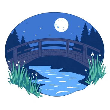 A wooden bridge made of dark-stained planks spans across a gently flowing stream. The bridge has a sturdy construction with railings on either side. Moonlight casts a soft glow on the surface of the bridge, illuminating the wood and creating shimmering reflections on the water below. Surrounding the stream, tall green grasses sway gently in the night breeze, and a few delicate wildflowers peek through the foliage. The sky above is filled with scattered stars, enhancing the serene nighttime atmosphere.