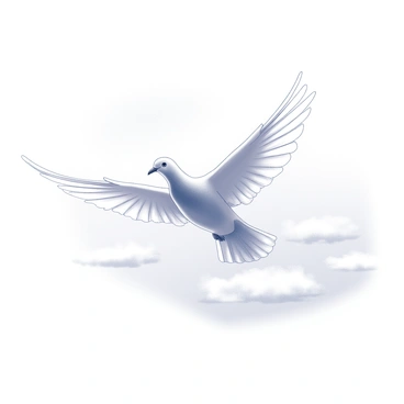 A white dove in mid-flight with its wings fully spread, gliding gracefully through the sky. The dove has a streamlined body and a gentle curve in its wings, creating a sense of motion. Below, the sky is depicted as a vast expanse with a few faint clouds, emphasizing the dove's height and freedom. The background showcases a smooth gradient from white to light blue, enhancing the serene atmosphere of the scene.