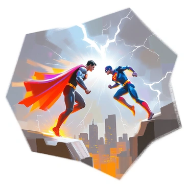 A dramatic panel from a graphic novel featuring two superheroes engaged in intense action. One superhero, a tall figure with a red cape and a muscular build, is flying through the air with a determined expression, surrounded by a burst of energy. The second superhero, a nimble and agile character in a sleek blue suit with glowing accents, is leaping off a building, preparing to launch an attack. The background shows a city skyline with towering skyscrapers, partially obscured by dark storm clouds, adding to the intensity of the scene. Lightning bolts streak across the sky, illuminating the characters as they prepare for a confrontation.