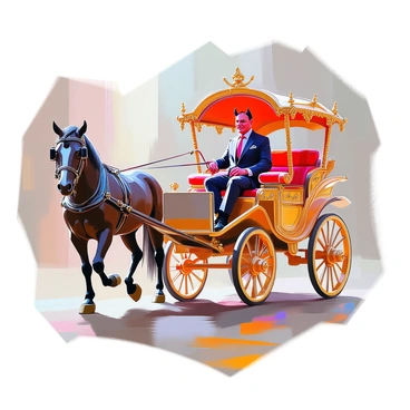 A devil with red skin, sharp horns, and piercing yellow eyes is elegantly seated inside a luxurious horse-drawn Victorian carriage. The carriage is adorned with intricate gold detailing, plush red velvet seating, and ornate wooden paneling. The devil is dressed in an elaborate black suit with a crimson tie, exuding an air of sophistication. Outside the carriage, a majestic black horse stands patiently, harnessed and ready to move. The scene conveys a sense of grandeur and elegance, with the devil's confident posture and sly smile suggesting a captivating presence.