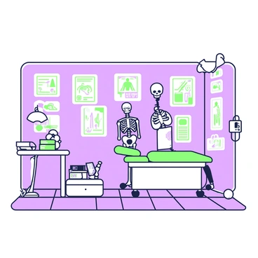 A doctor's office is filled with medical posters on the walls. Each poster illustrates different anatomy features, diseases, and health tips. In the center of the room, there is a skeleton model displayed on a stand, showcasing the human skeletal structure. A medical examination table is positioned against one wall, with a green cushion on top. A desk is located in one corner, cluttered with medical books and tools. The floor is tiled, and a lamp is illuminating the space from above.