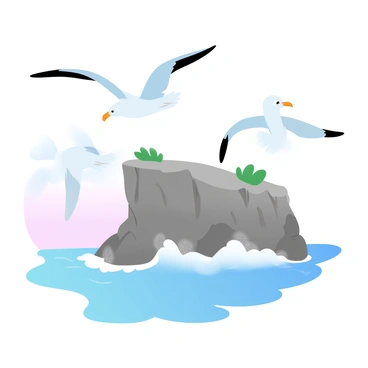 A group of seagulls is soaring above a coastal cliff, their wings spread wide against the sky. The cliff is rugged and steep, with various shades of gray and brown rock formations. Below, the ocean is visible, with waves crashing against the base of the cliff, creating white foam. The water reflects shades of blue and turquoise, contrasting with the earthy tones of the cliff. In the background, the horizon stretches out, where the sky meets the sea, showcasing a gradient of pastel colors.