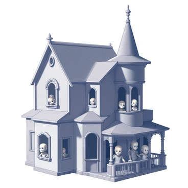 An old, intricately designed dollhouse stands prominently in the center of the image. The dollhouse features multiple levels, with pointed roofs and ornate detailing on the exterior. Dust settles on the surfaces, giving it a neglected appearance. Several dolls are positioned at various windows, their faces expressing eerie gazes. The dolls are dressed in vintage clothing, and their lifeless eyes seem to follow the viewer. The surroundings include a dimly lit setting that enhances the overall spooky atmosphere.