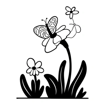 A butterfly with intricate wing patterns perched on a flower with detailed petals and leaves. The butterfly's wings display various shapes and textures, while the flower stands prominently with its stem and foliage clearly defined. The garden has multiple plants, with differing sizes and shapes, creating a rich environment. The sun casts shadows, adding depth to the scene.