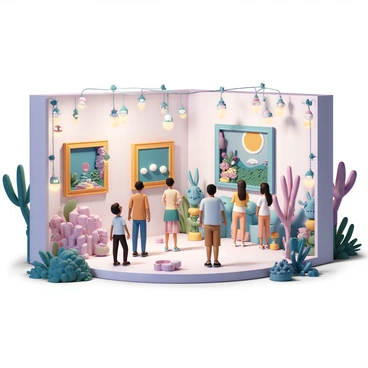 An art gallery located on an alien planet, surrounded by vibrant, otherworldly vegetation. The gallery interior features walls made of iridescent materials that reflect various colors. Unusual sculptures made from strange metals and organic materials are scattered throughout the space, with some sculptures resembling fantastical creatures and abstract forms. Colorful paintings, depicting alien landscapes and cosmic themes, hang on the walls, each frame intricately designed with alien motifs. The gallery is illuminated by soft, glowing lights from unusual fixtures hanging from the ceiling, casting interesting shadows on the floor. Visitors, some humanoid and others distinctly alien, are admiring the artwork and engaging in animated discussions.