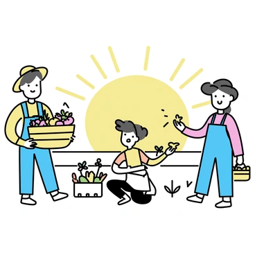 A group of farmers is standing in a field during sunrise. They are dressed in simple, practical clothing. One farmer, wearing a straw hat, holds a large basket filled with ripe vegetables, while another farmer, with a broad smile, is gathering fruits into a sack. Nearby, a woman is kneeling, picking flowers and placing them in a smaller basket. The sky is painted with warm hues of orange and yellow, casting a soft light on their faces, highlighting their expressions of joy and gratitude as they work together.