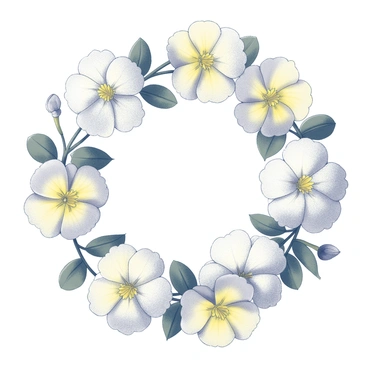 A circular wreath composed entirely of evening primroses. The flowers are arranged closely together, showcasing their distinctive petal shapes and delicate textures. Each evening primrose features a layered appearance, with pale yellow petals that have a velvety finish. The wreath is lush and full, displaying varying stages of bloom among the flowers. Green leaves are interspersed throughout, providing a contrasting backdrop that enhances the floral arrangement. The overall composition captures the natural beauty of the evening primrose in a decorative format.