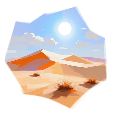 A stark landscape featuring a vast desert where sand dunes are forming in undulating patterns. The bright sun is high in the sky, casting strong shadows across the golden sands. The dunes rise and fall, some steep while others are gentle slopes, creating a dynamic texture on the sandy surface. Small tufts of dry grass punctuate the scene, adding subtle detail against the expansive backdrop. The sky is a clear blue with a few wispy clouds, emphasizing the warmth of the sun and the arid environment.