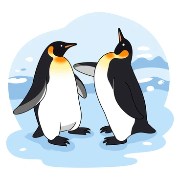 Two emperor penguins with black and white feathers are engaged in a playful dance on a shiny, icy surface. The penguins are slightly leaning toward each other, with their flippers extended as if they are mirroring each other's movements. One penguin, with a bright orange patch on its neck, lifts its head proudly while the other has its body twisted in a playful pose. Their feet are securely planted on the ice, and there are small patches of snow scattered around them. The background features a soft blue sky, suggesting a clear day in their icy habitat.