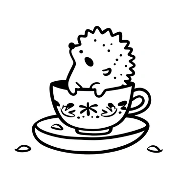 A tiny hedgehog with spines visible is peeking out from inside a delicate teacup. The teacup is adorned with intricate floral patterns. Around the teacup, there are scattered loose tea leaves. A small saucer is placed beneath the teacup, complementing the overall arrangement.