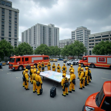 A group of emergency responders in bright yellow and orange uniforms gather in a city square preparing for a missile threat. They are equipped with helmets, radios, and portable rescue equipment. Some responders are setting up a command center with a large map spread out on a table, while others are communicating with each other and checking their gear. In the background, high-rise buildings and parked vehicles are visible, and the sky is overcast with dark clouds, indicating an impending emergency. A fire truck is parked nearby, ready for action, while a police vehicle is stationed at the perimeter of the scene.