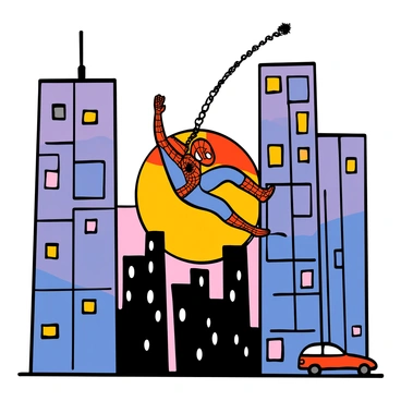 Spider-Man, a superhero in a red and blue suit, is swinging through the skyscrapers of New York City. His web is stretched between two tall buildings as he moves gracefully through the air. The buildings have reflective glass windows that catch the warm hues of the sunset, creating a backdrop of orange, pink, and purple skies. The city below is bustling with tiny cars and pedestrians, adding to the vibrant atmosphere.