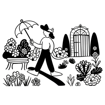 A feline with a slender body and a long tail is strolling through a Victorian garden. The garden is filled with intricate flower beds, neatly trimmed hedges, and paths lined with cobblestones. The feline is holding a delicate parasol with an ornate handle in one paw. Around the garden, there are Victorian-style benches and a wrought-iron gate in the background. Various types of flowers are blooming, creating a detailed and lush environment.