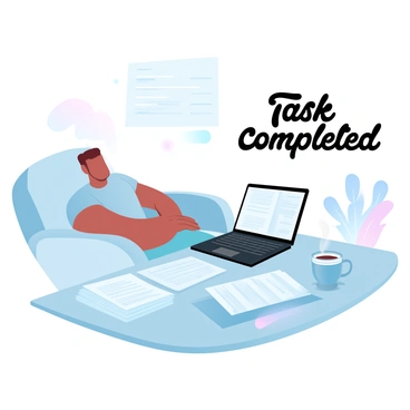 A person is leaning back in a chair with their arms relaxed at their sides. The chair is a modern design with soft cushions. A laptop is placed on the table in front of them, showing a completed document on the screen. A large stack of papers is neatly organized to the side. A cup of coffee is on the table, steam rising gently from it. In the background, there are light decorative elements and plants adding to the scene. "Task completed" is written in elegant typography on a nearby wall.