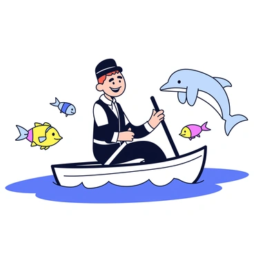 A mime is dressed in traditional black and white attire with a black beret, performing on a small boat. The mime is mimicking the action of rowing with exaggerated movements. The boat is gently bobbing on the water. Around the boat, there are several playful sea creatures, including a smiling dolphin jumping out of the water and a couple of colorful fish swimming nearby. The background features gentle waves and a clear sky. 