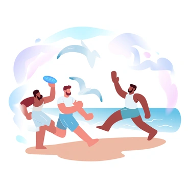 A group of three friends is playing frisbee on the sandy beach next to the ocean. The sky is filled with gradient pastel colors as the sun sets on the horizon. One of the friends is in mid-throw, while another is running to catch the frisbee. The third friend is standing nearby, watching the action with a smile. Seagulls are flying overhead, their wings outstretched against the colorful sky. The gentle waves of the ocean lap at the shore in the background.