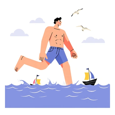 A giant walking through the ocean, creating gentle waves as ships sail around its feet