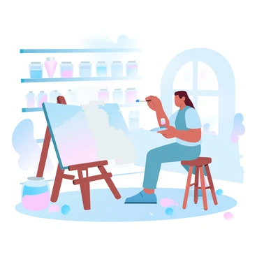 A large canvas painting is leaning against a wooden easel in a bright, well-lit room. The painting has visible tears, frayed edges, and areas with faded colors. An artist is carefully applying paint to the damaged sections, holding a small brush in one hand and a palette in the other. Surrounding the artist are various jars of paint in gradient pastel colors, brushes of different sizes, and a tall stool. The background features shelves filled with art supplies and tools, while a window allows soft light to illuminate the scene, highlighting the textures of the canvas.