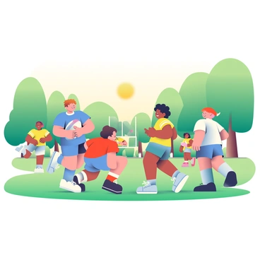 A group of six children is playing rugby in a lush green park. Four of the children, two boys and two girls, are clustered together, strategizing their next play. One boy, with short brown hair and wearing a blue jersey, is holding the rugby ball tightly. A girl with curly black hair, dressed in a red jersey, is crouched down, ready to receive a pass. In the background, two other children are running towards the goal, one wearing a yellow jersey and the other in a green one. The sun is shining brightly, casting warm light across the scene, and there are tall trees lining the edge of the park, creating a vibrant atmosphere of teamwork and enjoyment.