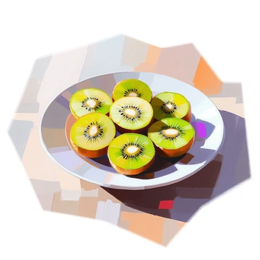 A white plate holds perfectly sliced kiwi arranged in a circular pattern. Each slice showcases the vibrant green flesh speckled with tiny black seeds, and the edges are a delicate yellow-green color. The plate is placed on a simple wooden table, with soft natural light illuminating the kiwi, highlighting its fresh texture and the glossy surface of the slices. Shadows from the slices cast on the plate add depth to the composition.