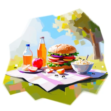 A picnic setting featuring a large blanket spread out on lush green grass. On the blanket, there is a giant sandwich, towering over the other food items, with layers of lettuce, tomatoes, and oversized slices of bread. Surrounding the sandwich are comically oversized food items, including a massive apple, a gigantic bottle of soda, and a large bowl of potato salad. A playful atmosphere is created as a few ants are curiously exploring the edges of the blanket, adding to the whimsical scene. In the background, there are trees providing shade and a clear blue sky overhead.