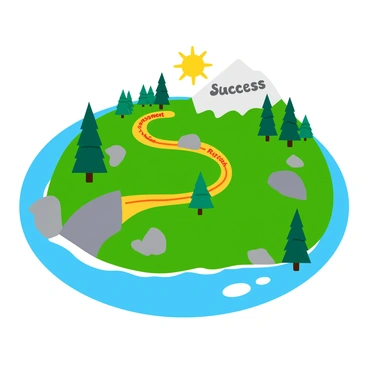 A detailed hiking trail map with a winding path illustrated in vibrant colors. The path is marked with various audit terms such as "Assessment," "Review," and "Evaluation" along the route. At the end of the trail, there is a prominent summit labeled "Success" in bold letters. The map features trees and rocky terrain depicted in a cartoonish style, with a bright sun shining overhead, adding a lively atmosphere to the scene.