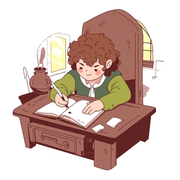 A small hobbit with curly brown hair is sitting at a sturdy wooden desk. The desk is adorned with intricate carvings and has a couple of scattered parchment papers. The hobbit is focused on writing in a diary using a feather quill dipped in an ink pot. The ink pot is placed to the side of the diary, reflecting a warm light. A small window in the background lets in soft natural light, casting gentle shadows across the desk. The atmosphere is cozy and inviting, with hints of earthy tones surrounding the scene.