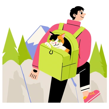 A calico cat with a patchy coat of orange, black, and white fur is nestled comfortably in a small green backpack. The backpack is secured on the shoulders of a person wearing a red jacket, walking along a rocky mountain trail. Lush green trees and rugged mountain peaks are visible in the background, indicating a scenic hiking environment. The cat appears curious and alert, its bright green eyes peering over the edge of the backpack, while the owner smiles contentedly, enjoying the outdoor adventure.